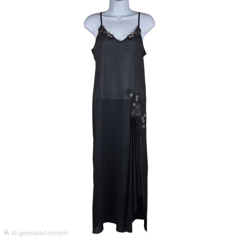 Vintage Y2K 90s Dollette Vampy Black Slip Maxi Dress Sz S Sheer Slit NWT